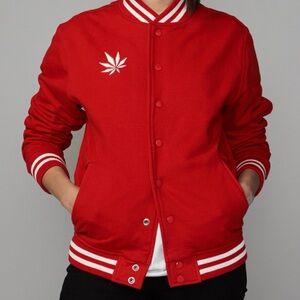 Red Varsity Jacket with Leaf Embroidery